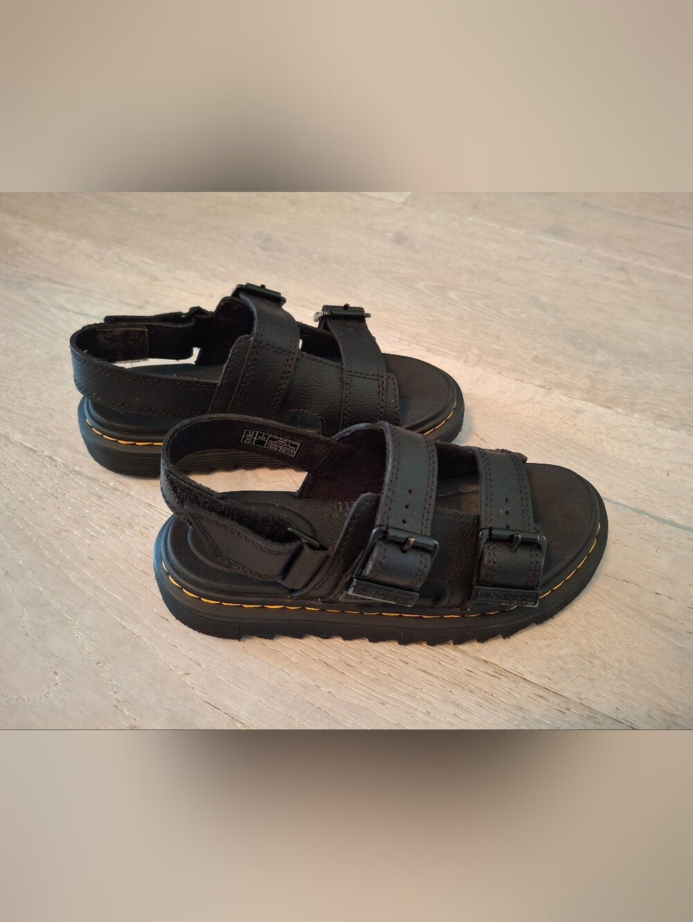 Dr. Martens Kids Black Leather Buckle Sandals with Yellow Stitching